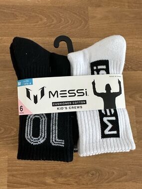 Messi Cushioned Cotton Kid's Crew Socks - Black & White (6-Pack)